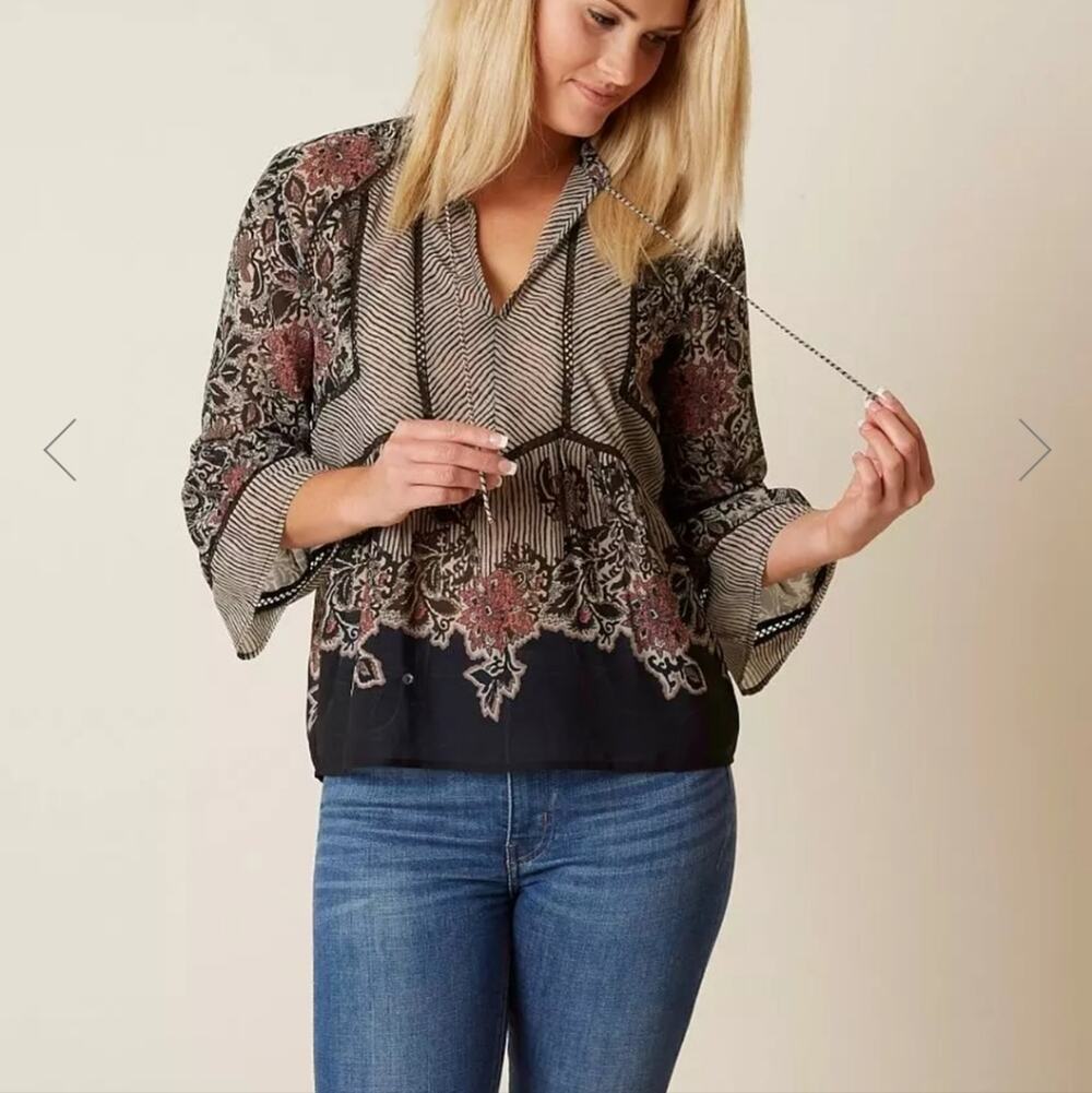 Lucky Brand Black/Grey/Pink Mixed Print 3/4 Sleeve Blouse Size Small